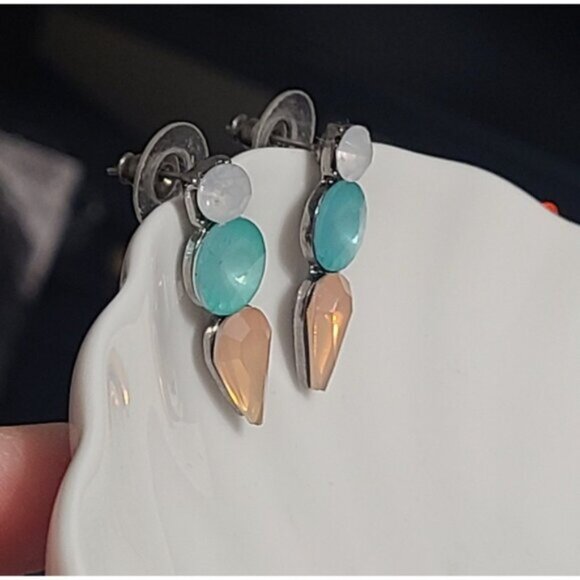 Vintage J Crew Turquoise Orange Crystal Drop Bar Colourblock Geometic Earrings - Picture 12 of 16